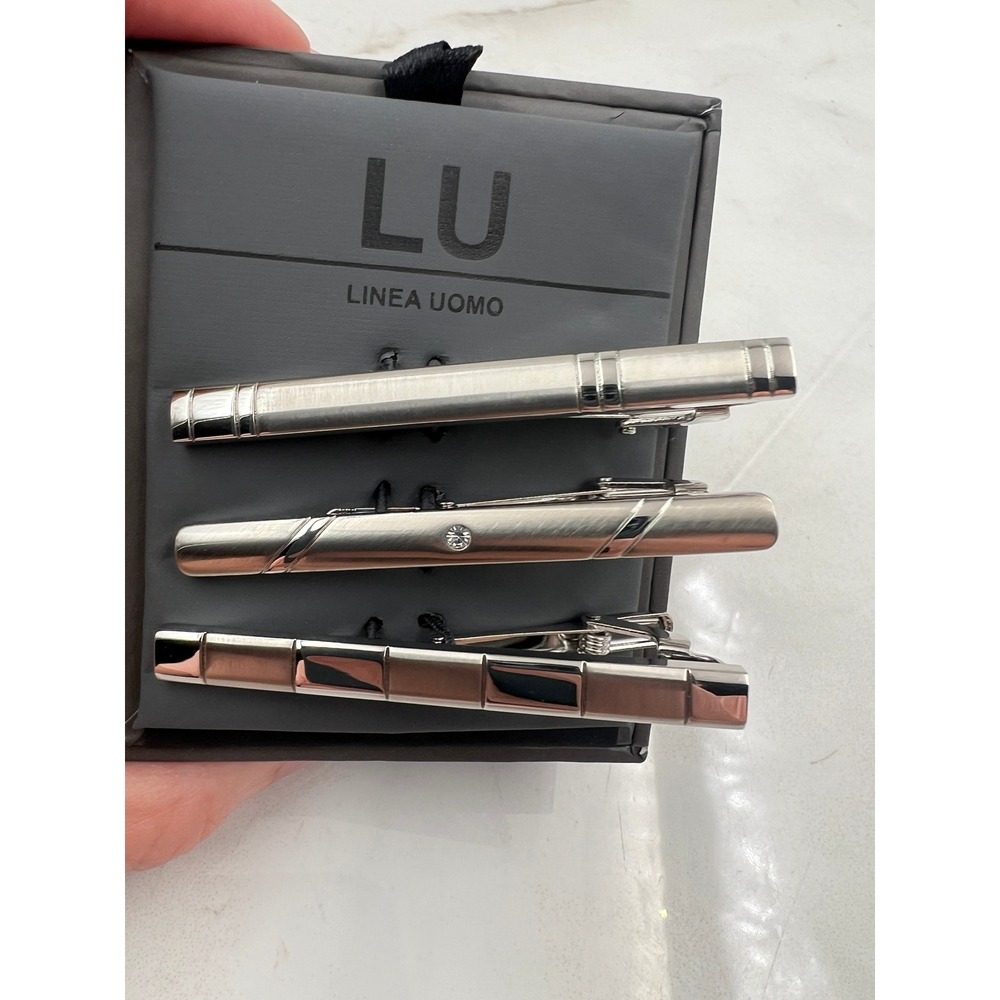 Linea Uomo Tie Clip Set Men's Silver Tone Crystal Geometric 3 Piece NIB